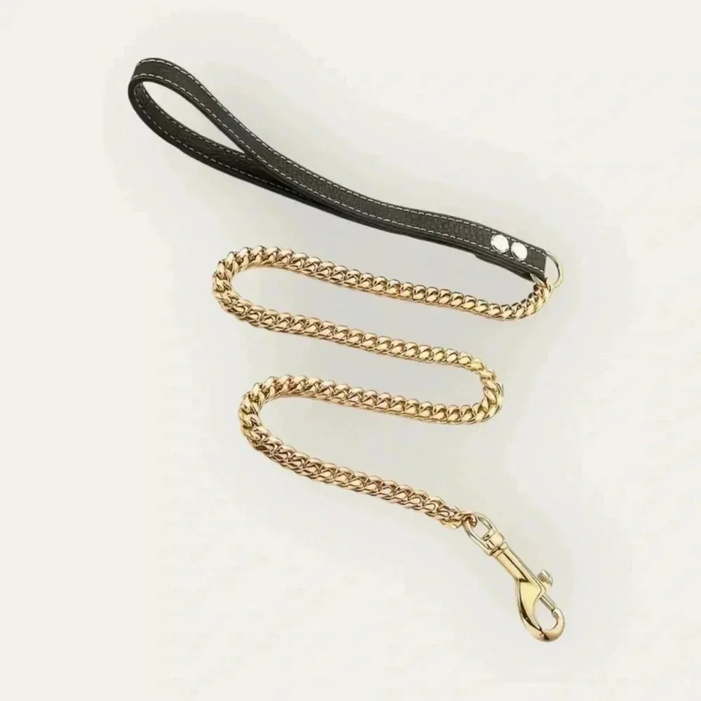 18K Gold Plated Dog Chain Leash Designer Trendy Show Training Black Handle